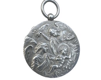 Antique Solid Silver Religious Medal – Virgin Mary, Child Jesus & Angels