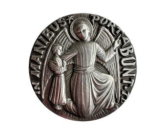 Large Religious Silver Bronze Guardian Angel Medal, Modernist Catholic, Religious gift
