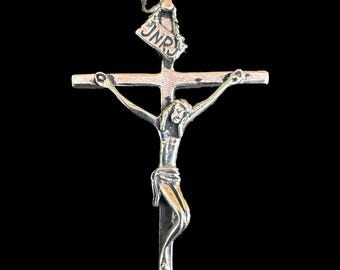 Antique French Sterling Silver Crucifix Pendant, 1.89" Modernist Catholic Cross Christ INRI, Rare Mid Century Rosary Protection Gift