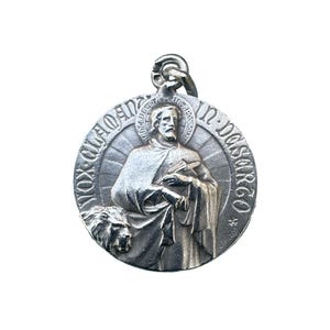 Medalha de Prata Antiga – São Marcos Evangelista com Leão – Tricard Assinado – Medalha Católica Francesa c.1900