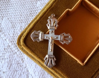 French Antique Art Deco Silver Cross Pendant Mother of Pearl Crucifix Solid Silver 800 Geometric Fan Radiant 1920s Catholic Sacred Gift