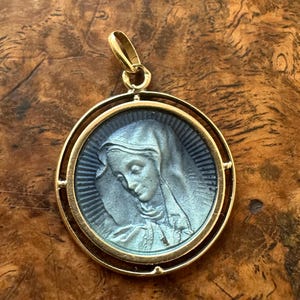 Beautiful Gold 18K French Antique Guilloche Sterling Silver Enamel Virgin Mary Medal Gift for her, Wedding Gift