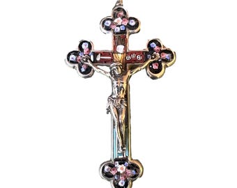 Antique Italian Micro Mosaic Cross, Silvered Bronze Arma Christi