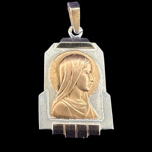 Belle médaille religieuse en argent sterling vermeil de la Vierge Marie française art déco en or 18 carats, catholique française, cadeau pour elle