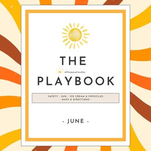 May include: A retro-style cover design for "THE PLAYBOOK" with a watercolor sun illustration. The text includes "SAFETY, SUN, ICE CREAM & POPSICLES, MAPS & DIRECTIONS" and "JUNE" against a backdrop of orange, yellow, and brown swirls.