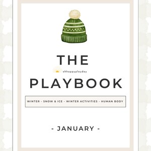May include: A white and beige framed print titled "THE PLAYBOOK" with a watercolor illustration of a green winter hat. The text includes "ohhappyplayday", and "WINTER - SNOW & ICE - WINTER ACTIVITIES - HUMAN BODY". The month of January is also displayed.