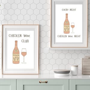 Chicken Wine Club Printable Wall Art – Kitchen Decor, Rosé Wine Bottle Illustration, Rustic Chicken Lover Gift, Digital Download