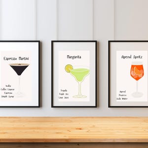 Cocktail Recipe Wall Art Set of 5 – Margarita, Espresso Martini, Aperol Spritz Prints – Digital Bar Decor for Kitchen or Home Bar