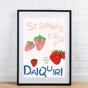 Strawberry Daiquiri Wall Art Print – retro fruitcocktail poster, keukenbar decor, digitale download drankje print