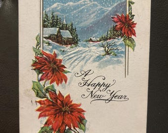 Cartão-postal vintage de 1915 de Feliz Ano Novo, com flores de poinsétia e carimbo postal de St. Paul.