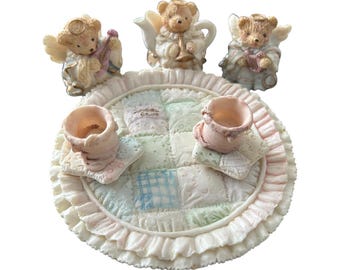 Angel Bears Teddy Bear Musical Miniature Tea Set Painted Resin Quilt
