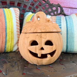 Terracotta Clay Pottery Pumpkin Jack-o-Lantern with Decorative Hat- Indoor Outdoor Use- Made in Gillsville Georgia-  Hand detailed!