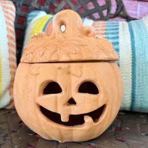 Terracotta Clay Pottery Pumpkin Jack-o-Lantern with Decorative Hat- Indoor Outdoor Use- Made in Gillsville Georgia-  Hand detailed!
