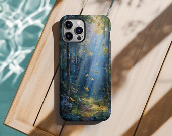 May include: A smartphone case featuring a printed design of a dense forest scene with tall dark trees, a sunlit path, and numerous small yellow butterflies fluttering through shafts of light that pierce through the canopy of the deep blue forest.