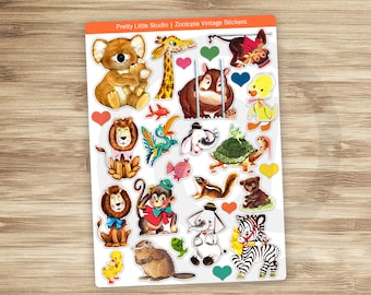 Stickers | Zootopia Vintage Ephemera | Koala, Giraffe, Hippo, Lion, Monkey, Zebra, Parrot