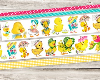 Stickers | Butterscotch Tape Vintage Ephemera Sticker Strips | 7" x 10" Sheet | Duck, Chick, Easter, Spring