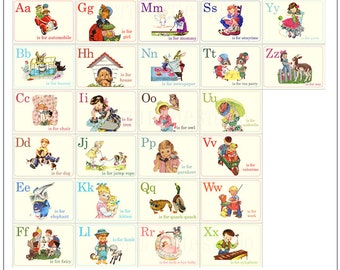Digital | Print at Home | 4x6 Storybook ABC Alphabet Flash Cards Vintage Retro Style