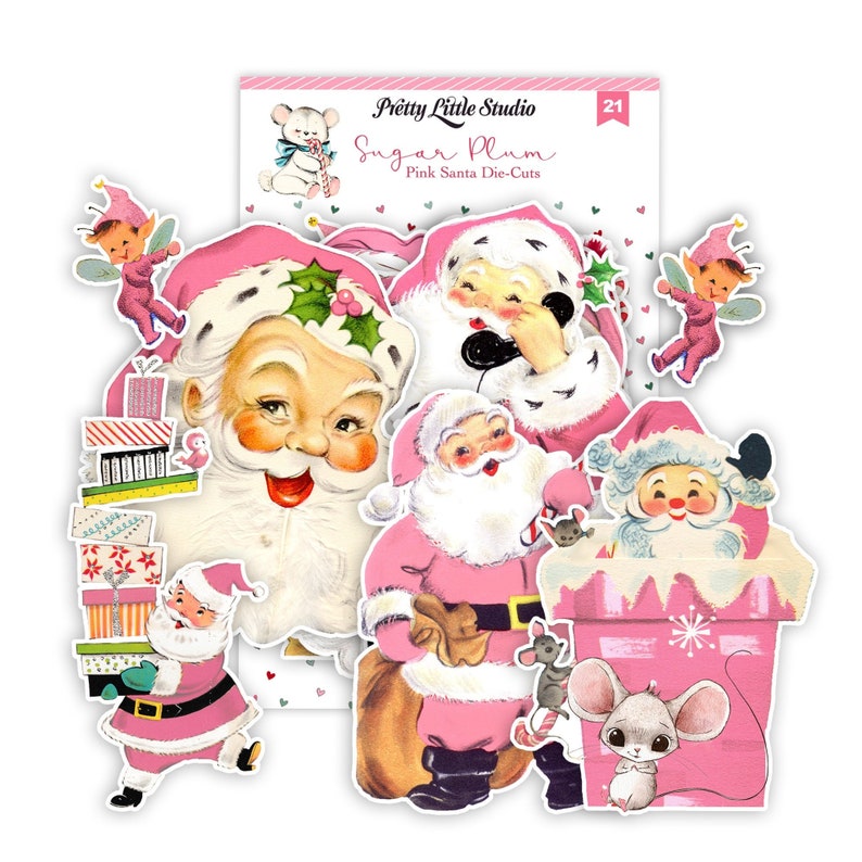 Pink Santa Cut-Out 17 pieces 3 to 4 inch Ephemera Pack Die cuts Christmas, Retro Images, Vintage Reproduction image 1