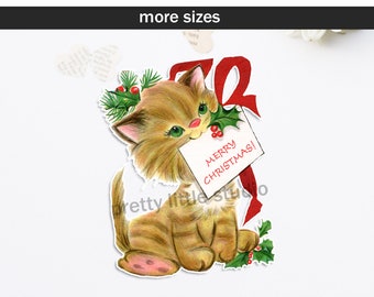 Merrily Christmas Cat DieCut CutOut (3 sizes available: 4 inch, 6 inch, 10 inch ) Vintage Reproduction