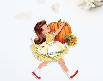Autumn Girl Yellow Dress Pumpkin Fall Vintage DieCut Cutout | (1 size available: 4 inch)