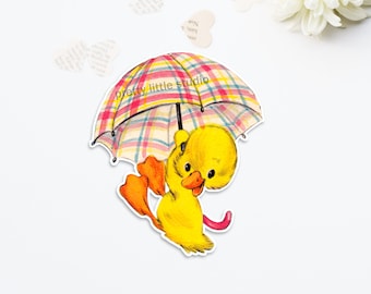 Puddle Duck #2 Vintage DieCut | Duck, Yellow, Peep, Chick, Umbrella, Cutout (1 size available: 4 inch ) Reproduction