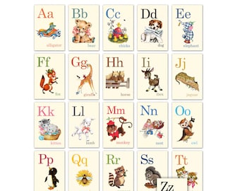Digital | Print at Home | 3x4 Animal ABC Alphabet Flash Cards Vintage Retro Style