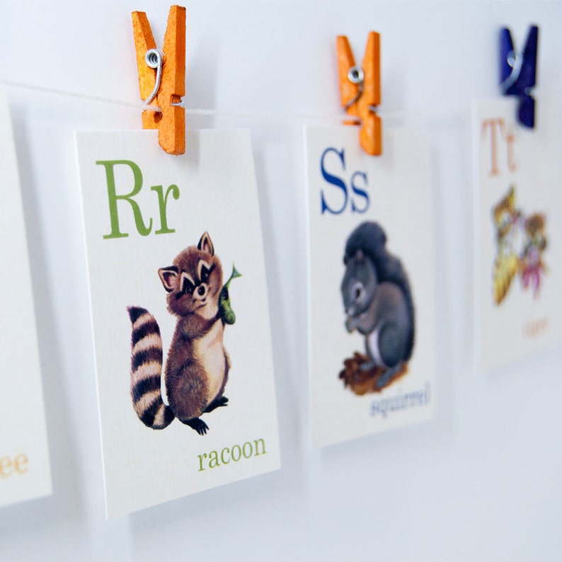 Animal ABC Alphabet Retro Vintage Style Flash cards, raccoon, bee, squirrel, tiger, bear image 1