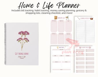 May include: A pink and white home and life planner with a floral design on the cover. The planner includes sections for grocery lists, cleaning checklists, password trackers, and brain dumps.