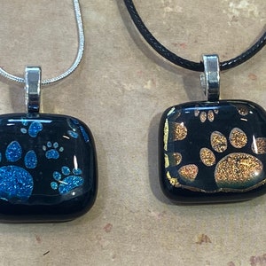 Cat or Dog Paw Print Dichroic Fused Art Glass Pendant Necklace Handmade Holiday Gift