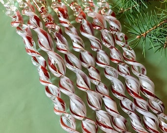 WHITE with RED Stripes Handmade Borosilicate Glass Icicle Christmas Ornament