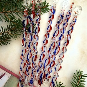 RED, WHITE & BLUE Striped Patriotic Handmade Borosilicate Glass Icicle Christmas Ornament