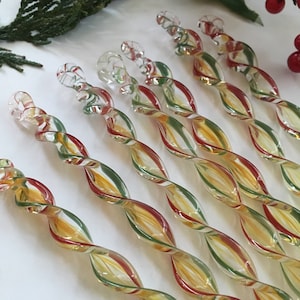 AMBER with RED & GREEN Striped Handmade Borosilicate Glass Icicle Christmas Ornament