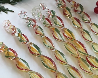 AMBER with RED & GREEN Striped Handmade Borosilicate Glass Icicle Christmas Ornament