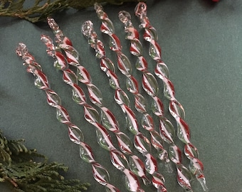 RED, WHITE & GREEN Striped Handmade Borosilicate Glass Icicle Christmas Ornament
