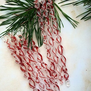 RED & WHITE Striped Borosilicate Glass Icicle Christmas Ornament