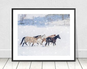 May include: A group of five horses run through a snowy field. The horses are brown, white, and black. The snow is falling softly around them.