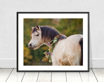 May include: A white and brown horse with a dark mane and tail wearing a flower crown with purple and orange flowers. The horse is standing in a field with green grass and trees in the background.