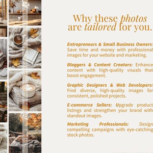 May include: A collage of images with a warm, autumnal theme. The images include cozy scenes with coffee, blankets, and fall foliage. Text overlay reads "Why these photos are tailored for you," highlighting benefits for entrepreneurs, bloggers, designers, e-commerce sellers, and marketing professionals.