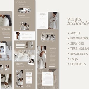 May include: A website design layout in a neutral colour scheme, featuring images of a person in a white blazer. The design includes sections labelled "About", "Framework", "Services", "Testimonials", "Resources", "FAQs", and "Contacts".