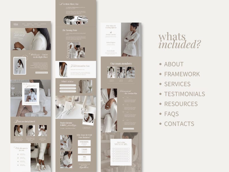 May include: A website design layout in a neutral colour scheme, featuring images of a person in a white blazer. The design includes sections labelled "About", "Framework", "Services", "Testimonials", "Resources", "FAQs", and "Contacts".