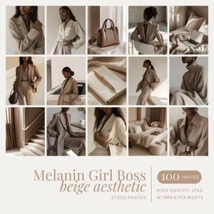 May include: A collage of 100 images featuring a woman in various poses wearing beige clothing and accessories. The images are arranged in a grid pattern and have a minimalist aesthetic. The text "Melanin Girl Boss beige aesthetic" is displayed at the bottom of the collage.