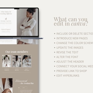 May include: A laptop screen showing a webpage with text and images. The screen displays "What Makes My Coaching Different" and "Our team members." To the right, a list of Canva editing options is shown.
