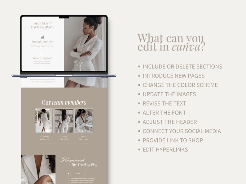May include: A laptop screen showing a webpage with text and images. The screen displays "What Makes My Coaching Different" and "Our team members." To the right, a list of Canva editing options is shown.