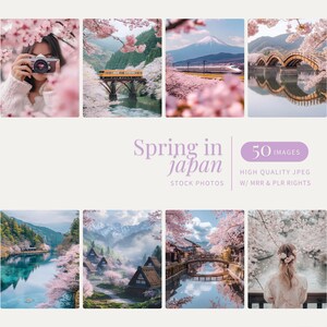 May include: A collection of 50 high-quality stock photos featuring beautiful scenes of spring in Japan. The images showcase cherry blossoms, traditional Japanese architecture, and stunning landscapes.