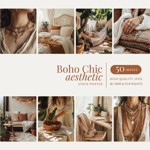 May include: A collage of images showcasing a bohemian chic aesthetic. The images feature a variety of items, including a bed with a crocheted throw blanket, a hammock, a woman wearing layered necklaces, and a cozy living room with a string of lights.