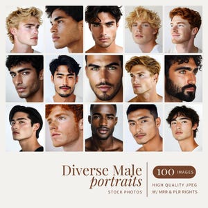 May include: A collage of 18 diverse male portraits, featuring men of various ethnicities and ages. The portraits are arranged in a grid pattern, with each image showcasing a different individual. The title "Diverse Male Portraits" is displayed at the bottom of the collage, along with the text "100 Images" and "High Quality JPEG W/ MRR & PLR Rights".