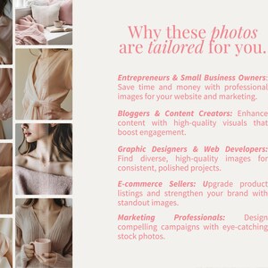 May include: A collage of photos featuring a woman wearing various shades of pink clothing. The text "Why these photos are tailored for you." is displayed at the top of the image. The text below lists different types of businesses and individuals who can benefit from using these photos, including entrepreneurs, bloggers, graphic designers, e-commerce sellers, and marketing professionals.