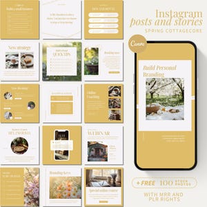 Spring Cottagecore Aesthetic Instagram Posts & Stories Template Digital Marketing Canva Coach Branding Vintage Stock Photo Nature MRR PLR