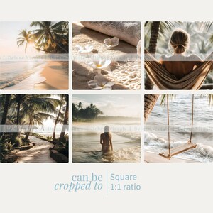 May include: A collection of six square images depicting beach scenes. The images show a beach with palm trees, spa elements, a person in a hammock, a pathway to the beach, a person in the ocean, and a wooden swing. Text on the image says "can be cropped to Square 1:1 ratio."