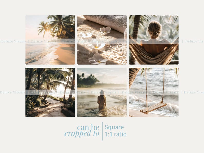 May include: A collection of six square images depicting beach scenes. The images show a beach with palm trees, spa elements, a person in a hammock, a pathway to the beach, a person in the ocean, and a wooden swing. Text on the image says "can be cropped to Square 1:1 ratio."